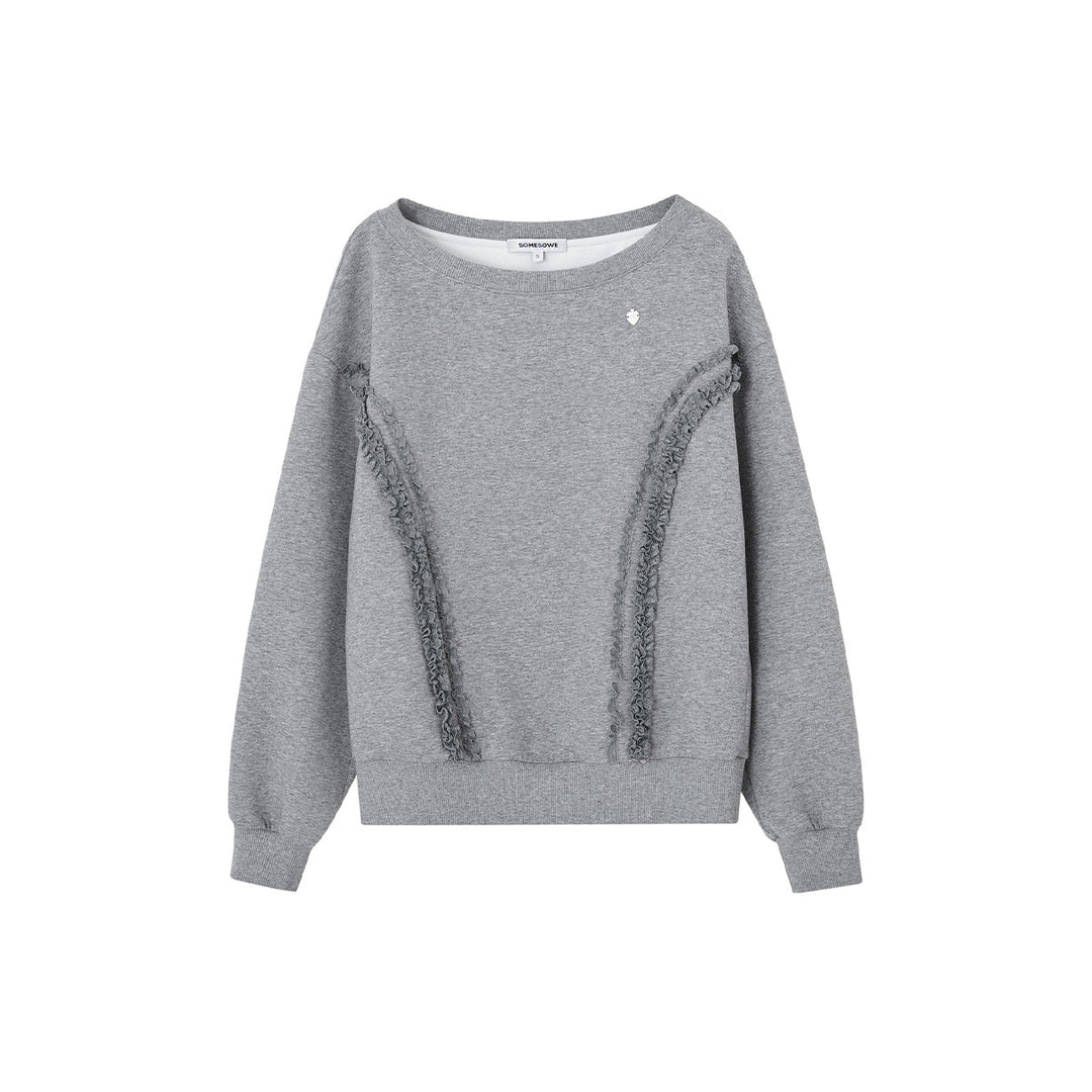 SomeSowe Lace Edge Boat Neck Casual Sweatshirt Gray