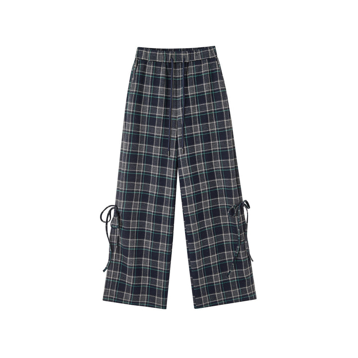 SomeSowe Bow Drawstring Plaid Wide-Leg Pants Blue