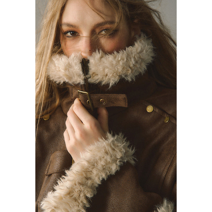 Via Pitti Fluffy Patchwork Reversible Suede Jacket Brown - Mores Studio