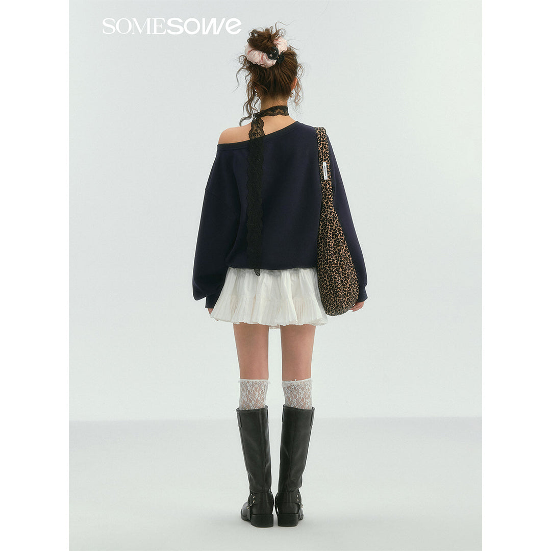 SomeSowe Lace Edge Boat Neck Casual Sweatshirt Navy Blue