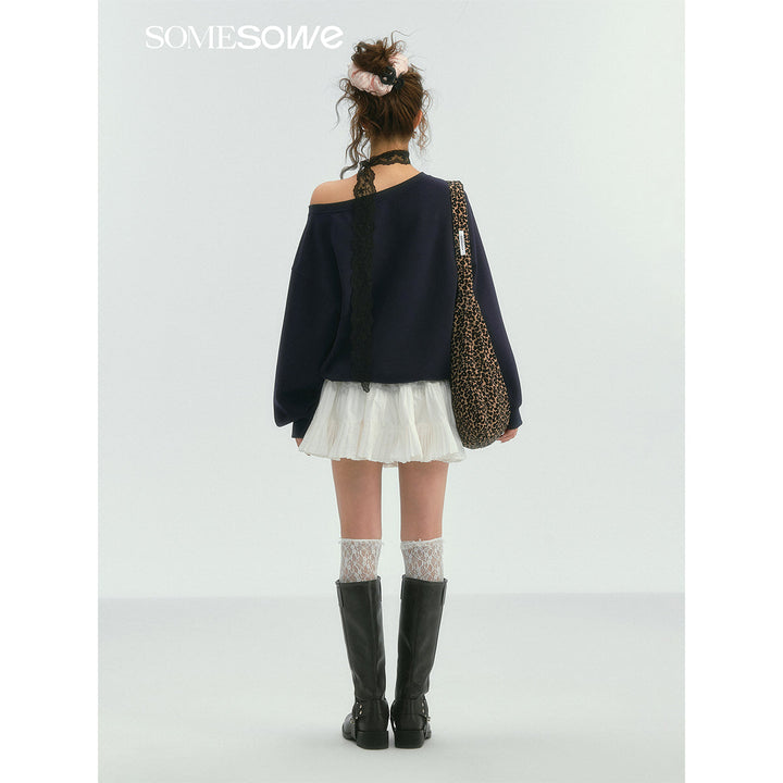 SomeSowe Lace Edge Boat Neck Casual Sweatshirt Navy Blue