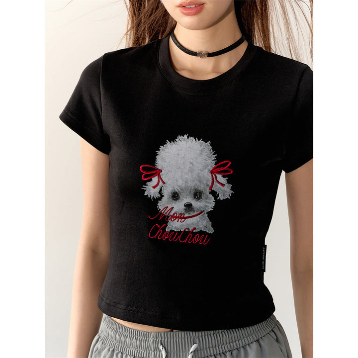 AsGony Puppy Printed Embroidery Slim T-Shirt