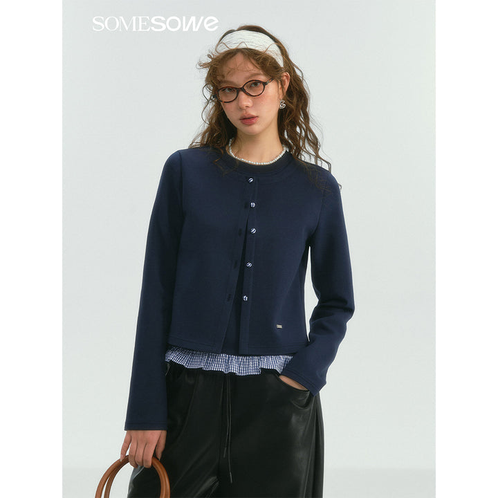 SomeSowe Fake-2-Piece Ruffled Round-Neck Top Navy Blue