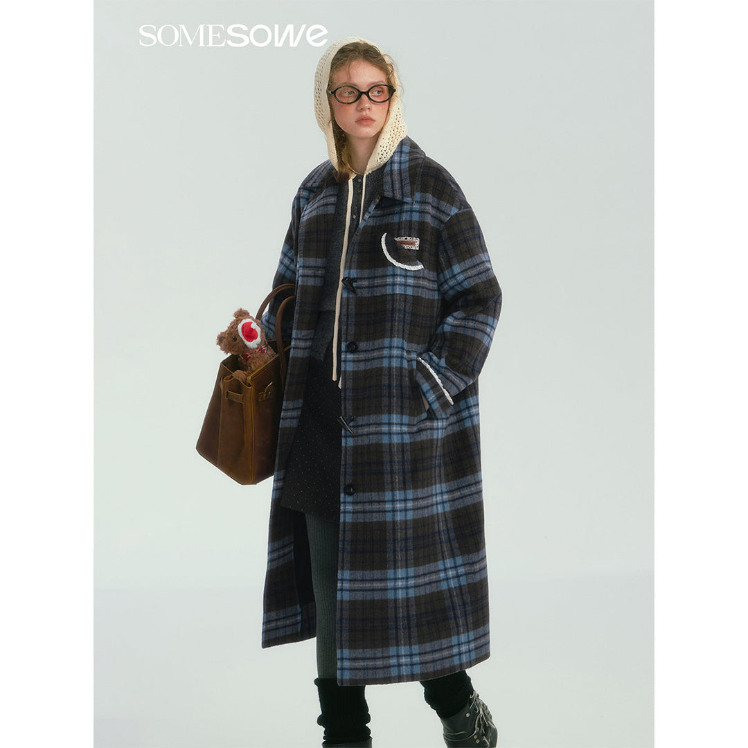 SomeSowe Contrast Color Plaid Tweed Long Coat