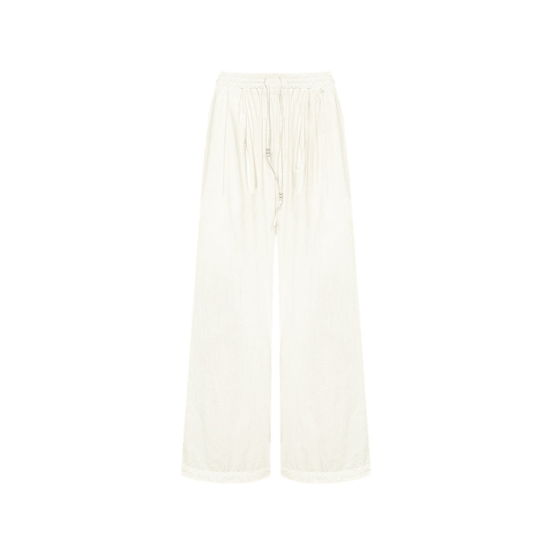 AsGony High Waist Drawstring Wide Leg Pants Beige