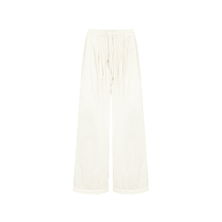 AsGony High Waist Drawstring Wide Leg Pants Beige