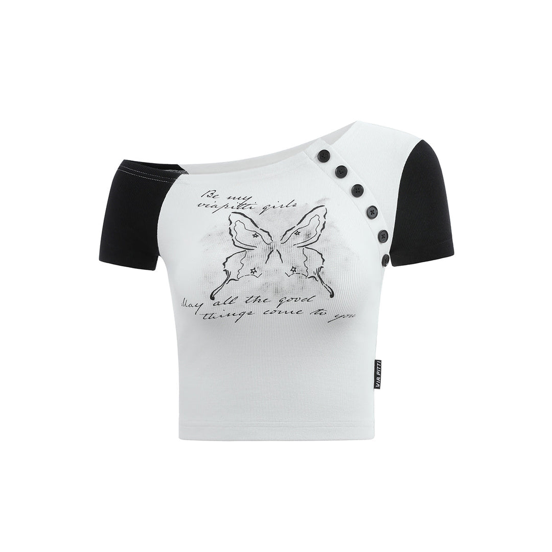 Via Pitti Spliced 3D Butterfly Print Diagonal Shoulder Tee White - Mores Studio