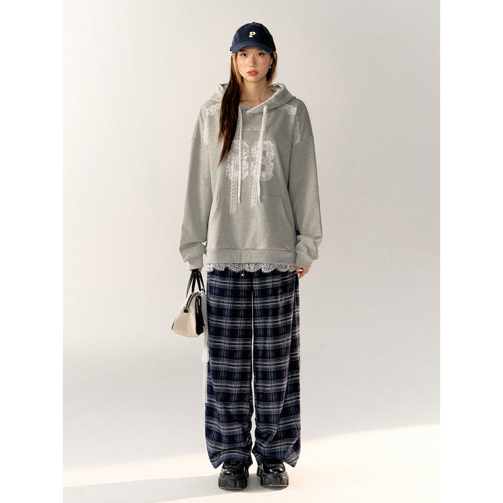 AsGony Retro Plaid High Waist Wide-Leg Pants Navy Blue