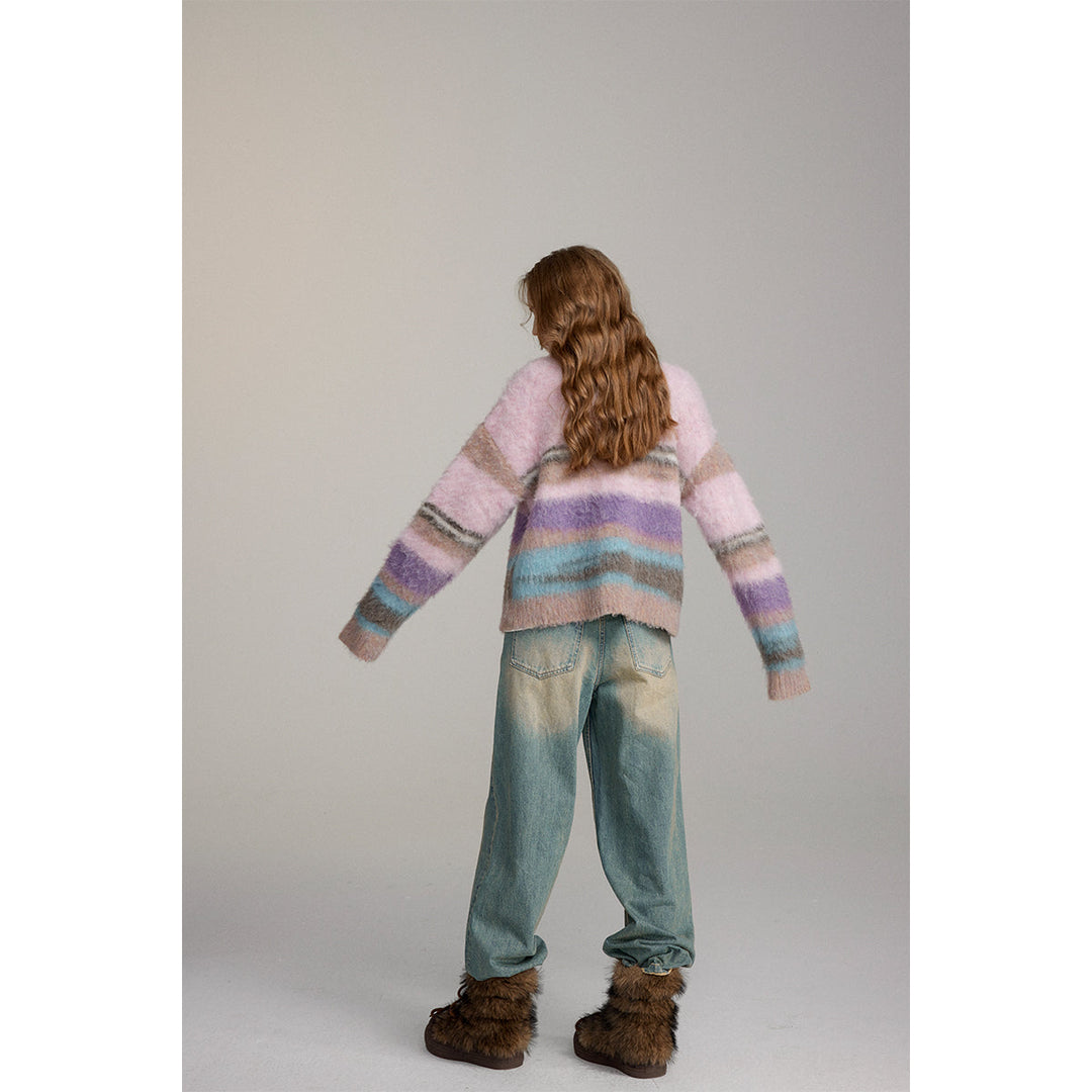 Via Pitti Pulled Fur Colored Striped Knit Cardigan Pink