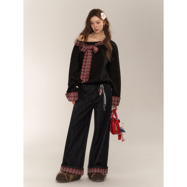 AsGony Retro Brushed Plaid Turn Over Edge Wide-Leg Jeans