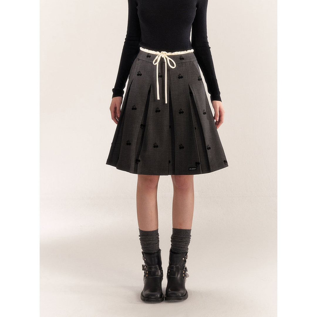 AsGony Color Blocked Cherry Drawstring Pleated Skirt