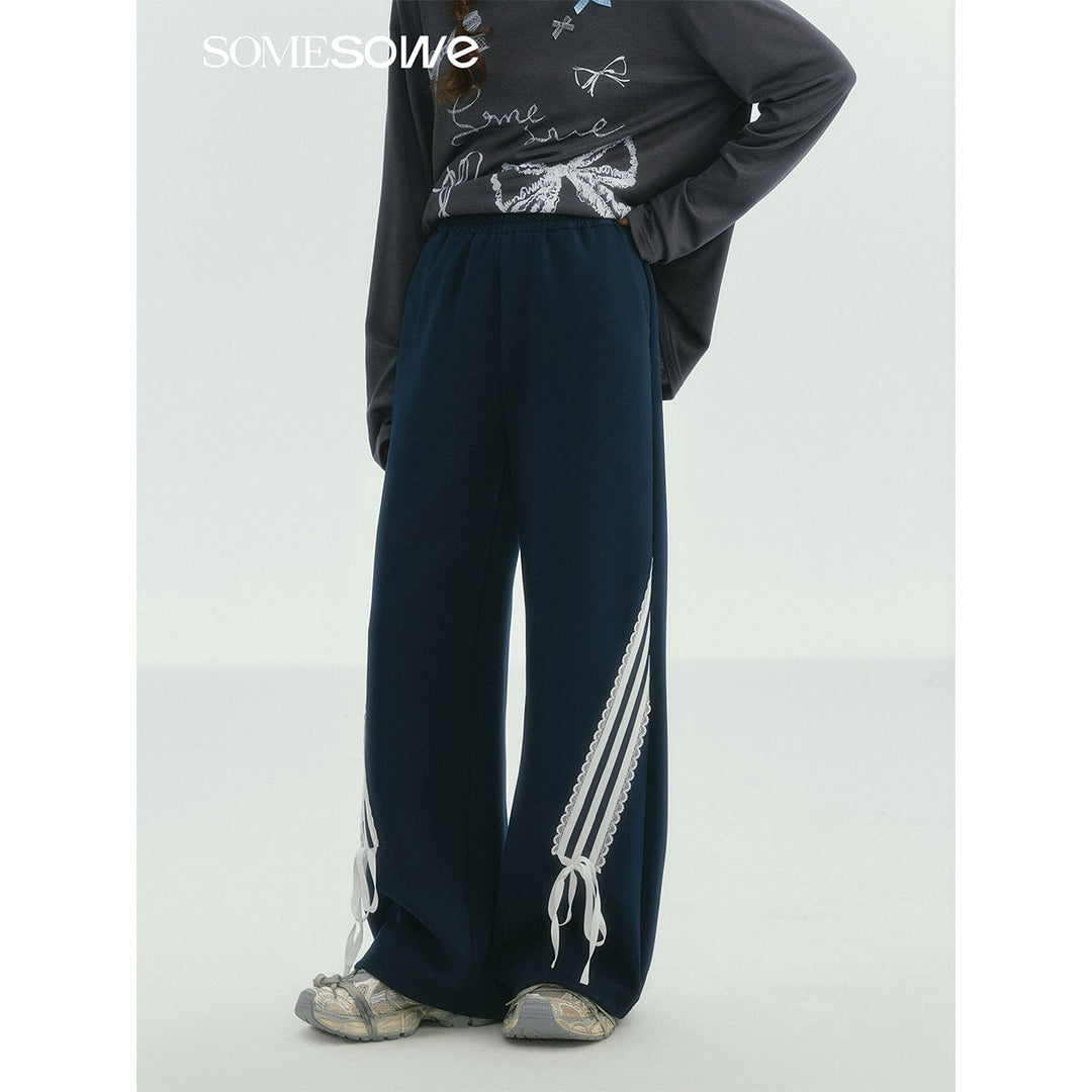 SomeSowe Lace Patchwork Bow Casual Pants Navy Blue