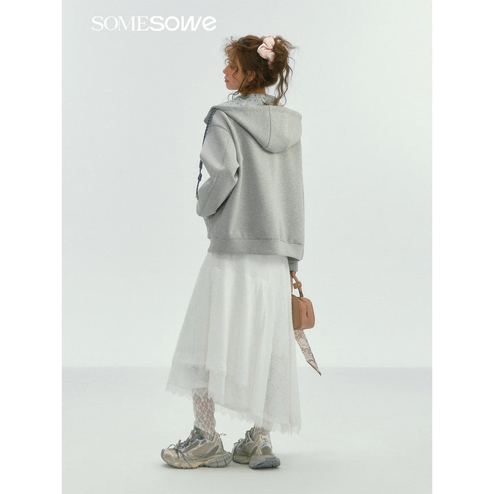 SomeSowe Contrast Color Drawstring Zip Up Hoodie Light Gray