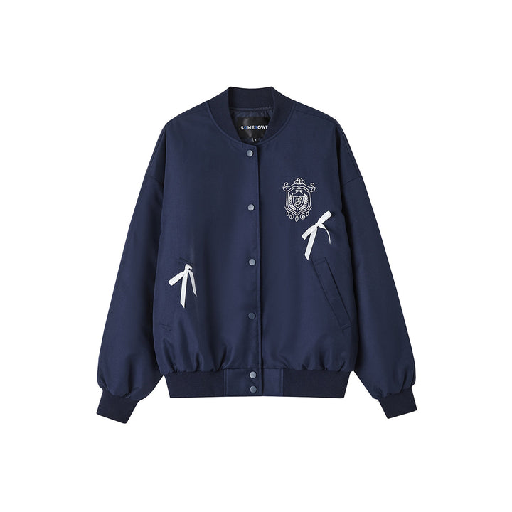 SomeSowe Bow Badge Casual Baseball Jacket Navy Blue