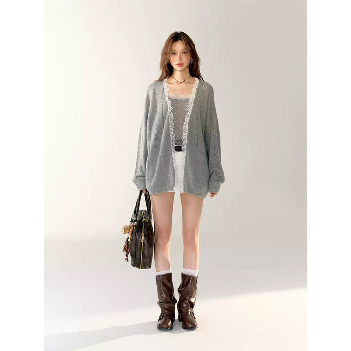 AsGony Lace Edge Hollow Cutting Knit Slip Vest Gray