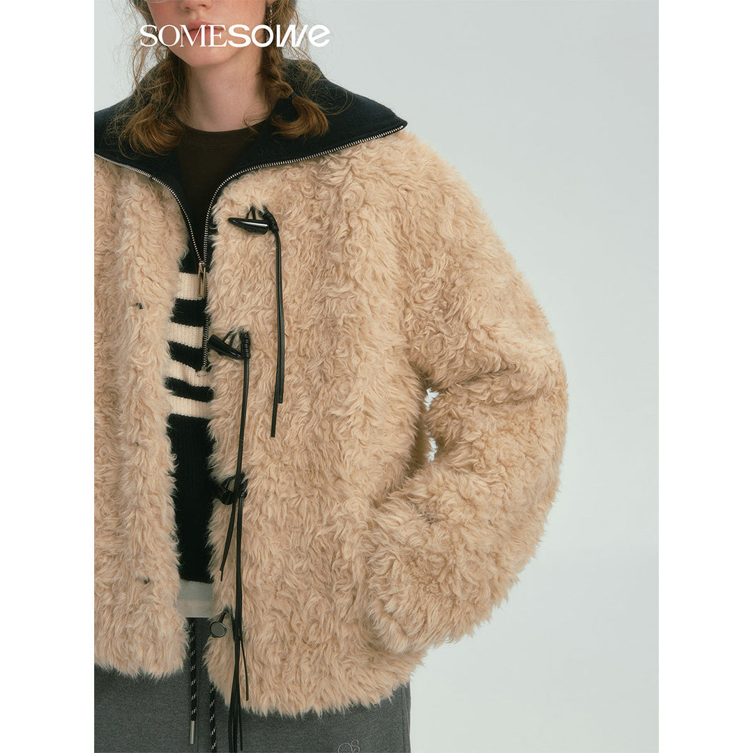 SomeSowe Tassel Horn Button Furry Jacket Beige