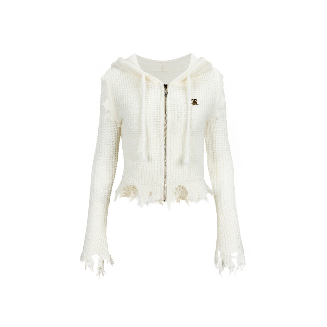 Via Pitti Destroy Cutting Waffle Knit Cardigan White - Mores Studio