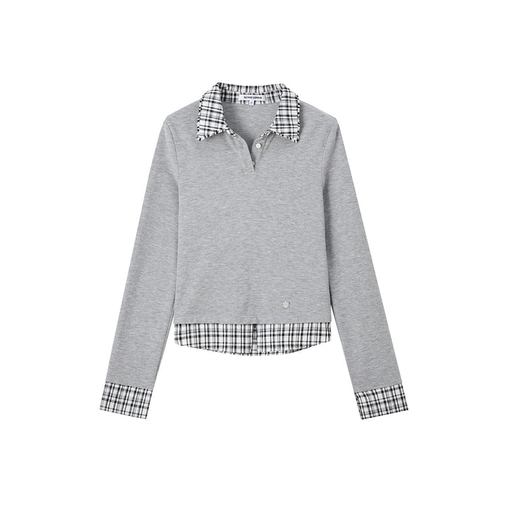 SomeSowe Plaid Patchwork Long Sleeve Polo Top Gray