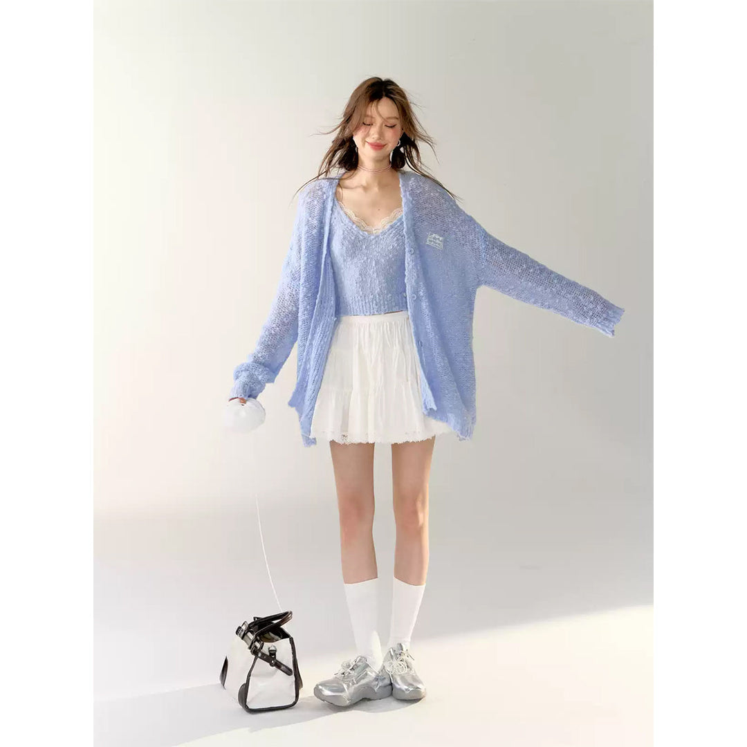 AsGony Lace Patchwork Knit Cardigan Blue