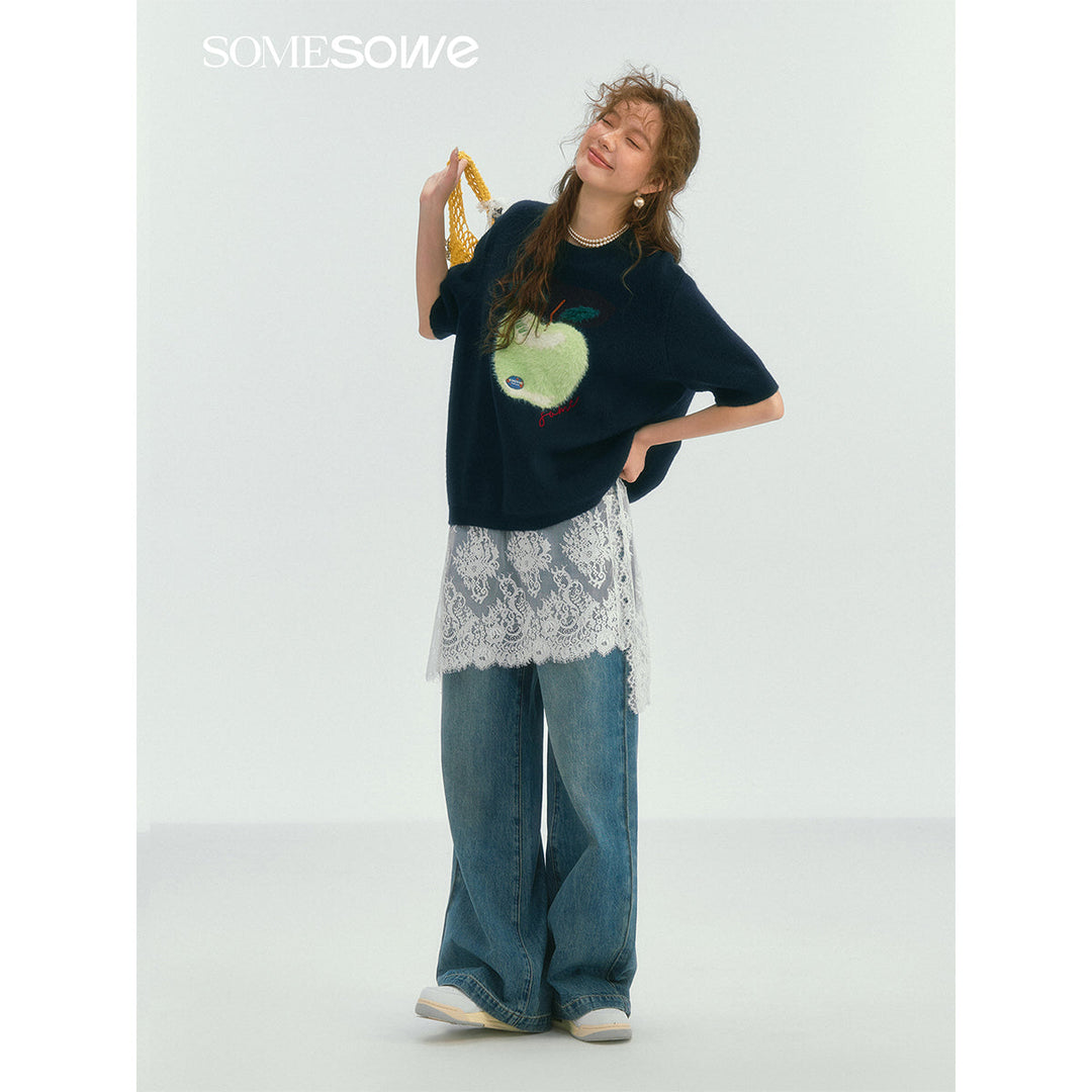 SomeSowe Green Apple Short Sleeve Knit Sweater Navy Blue