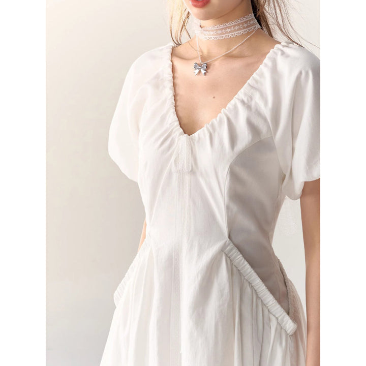 AsGony V-Neck Waisted Puff Sleeve Long Dress