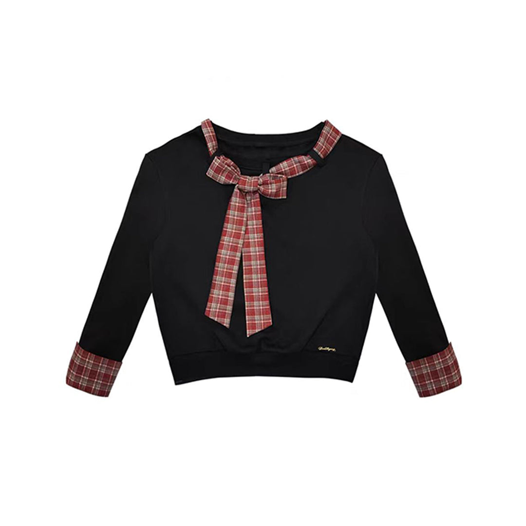 AsGony Plaid Patchwork Bow Tie Fleece-Lined Sweater