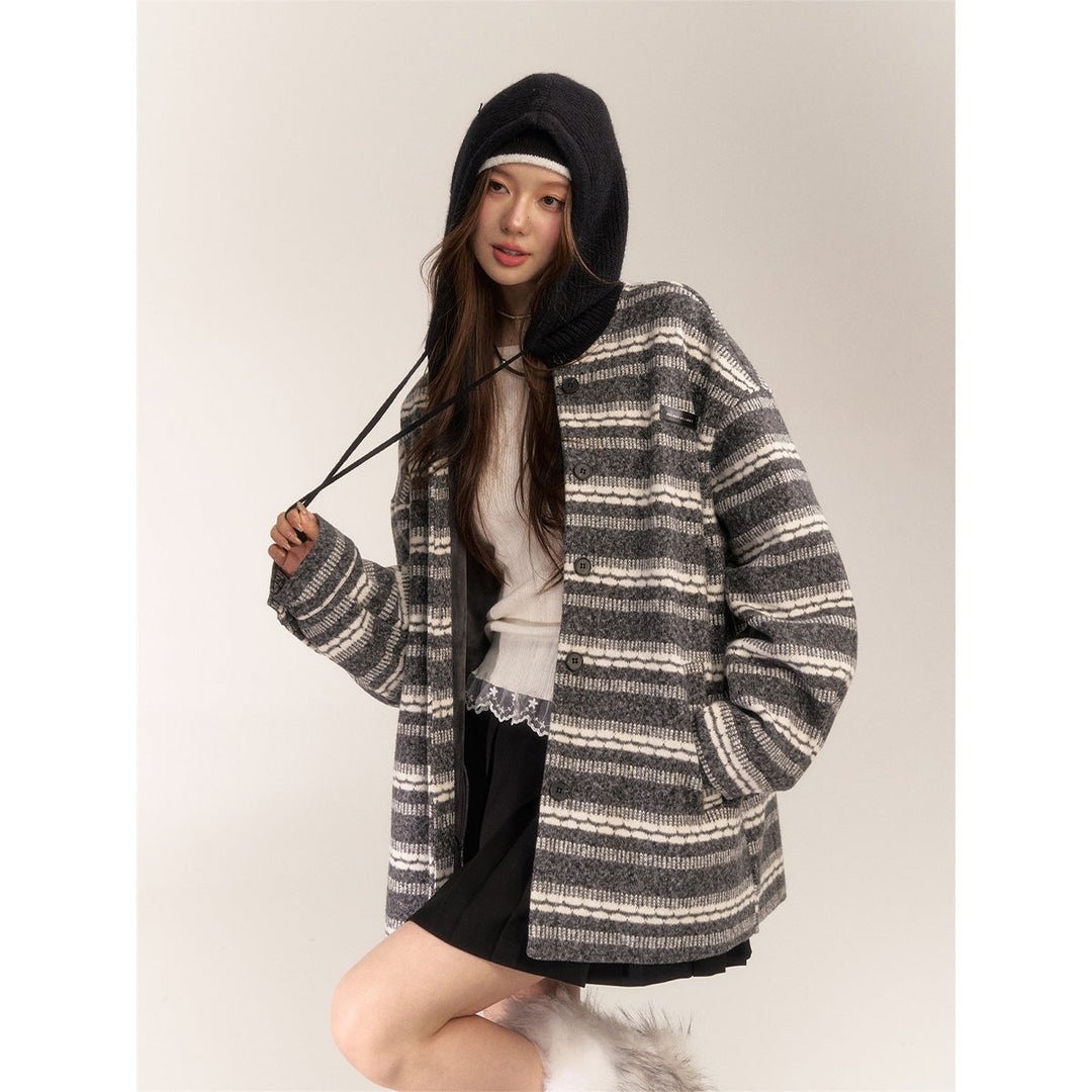 AsGony Striped Hooded Thicken Mid-Length Coat