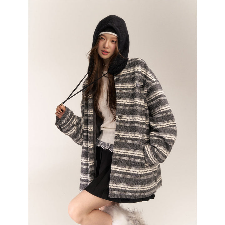 AsGony Striped Hooded Thicken Mid-Length Coat