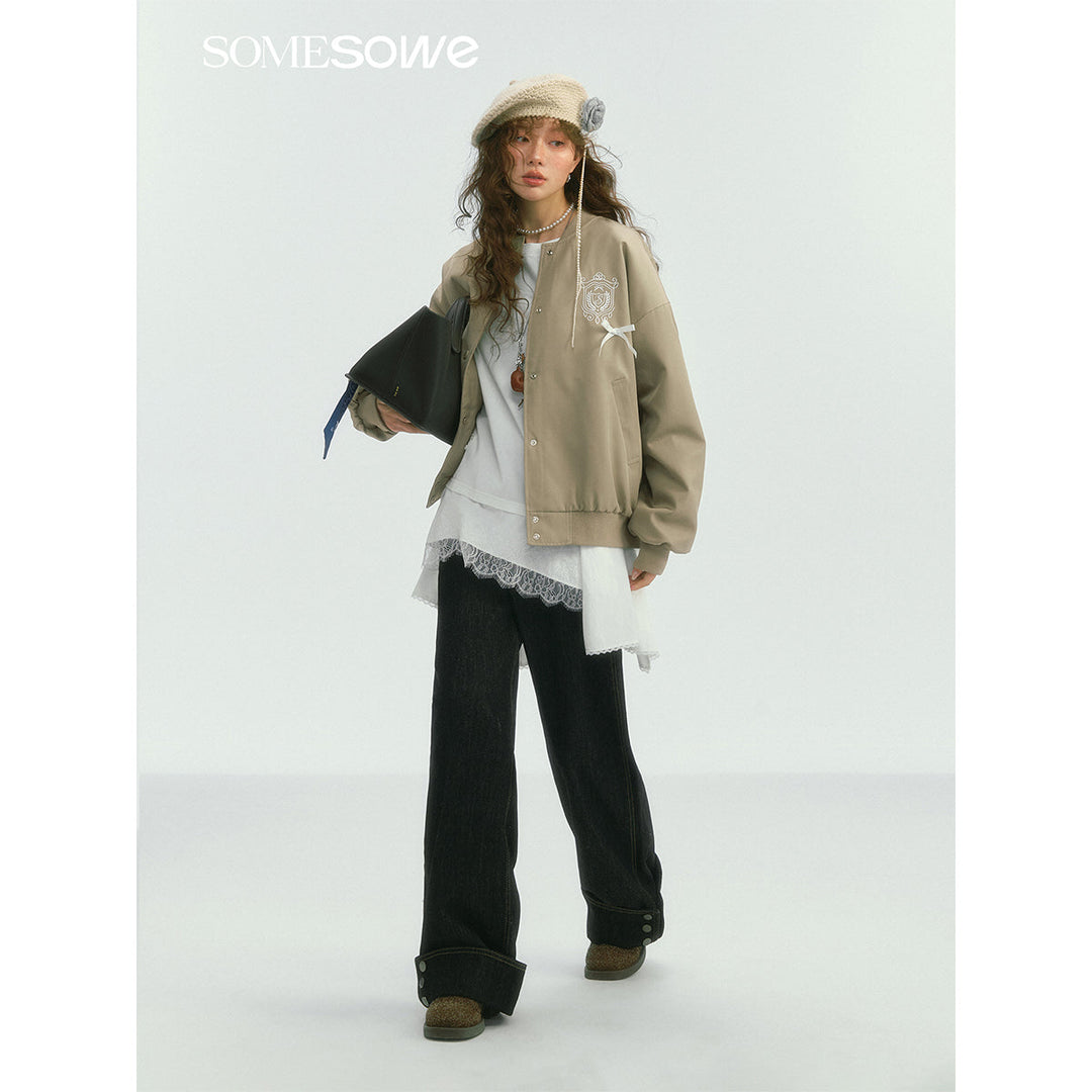 SomeSowe Bow Badge Casual Baseball Jacket Khaki