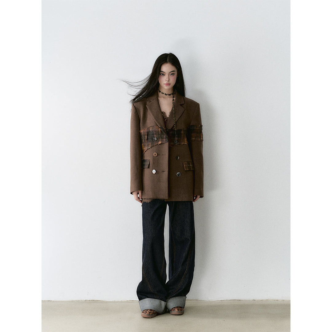 Via Pitti Heavy Plaid Patchwork Mid-Length Coat Brown