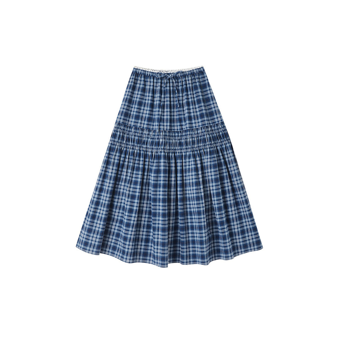 SomeSowe Lace Edge Plaid Drawstring Long Skirt Blue