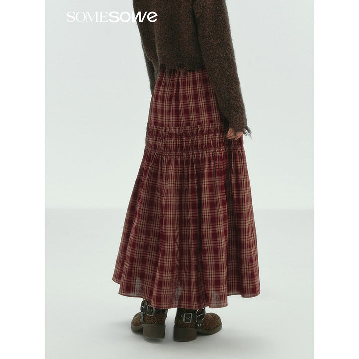 SomeSowe Lace Edge Plaid Drawstring Long Skirt Red