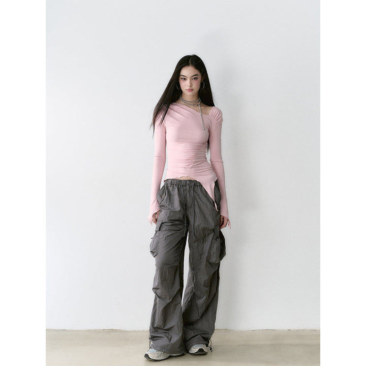 Via Pitti Irregular Diagonal Shoulder Waisting Slim Top Pink