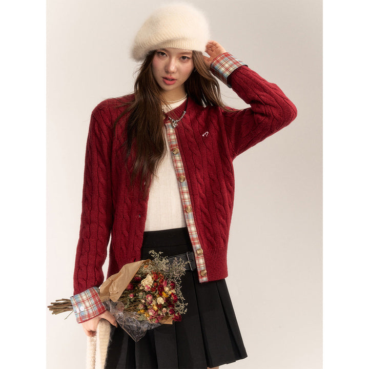 AsGony Blended Woolen Plaid Patchwork Knit Cardigan Red