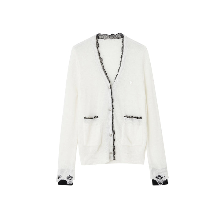 SomeSowe Color Blocked Lace Edge Knit Cardigan White