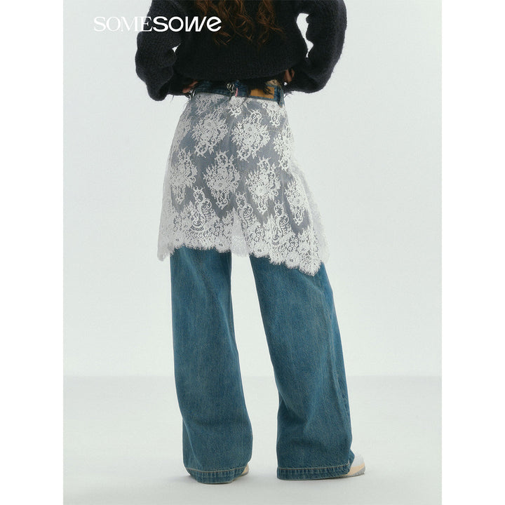 SomeSowe Lace Patchwork Wide-Leg Denim Pants