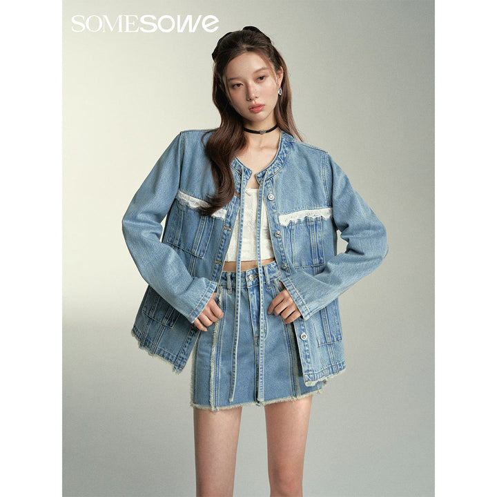 SomeSowe Lace Patchwork Denim Jacket Blue