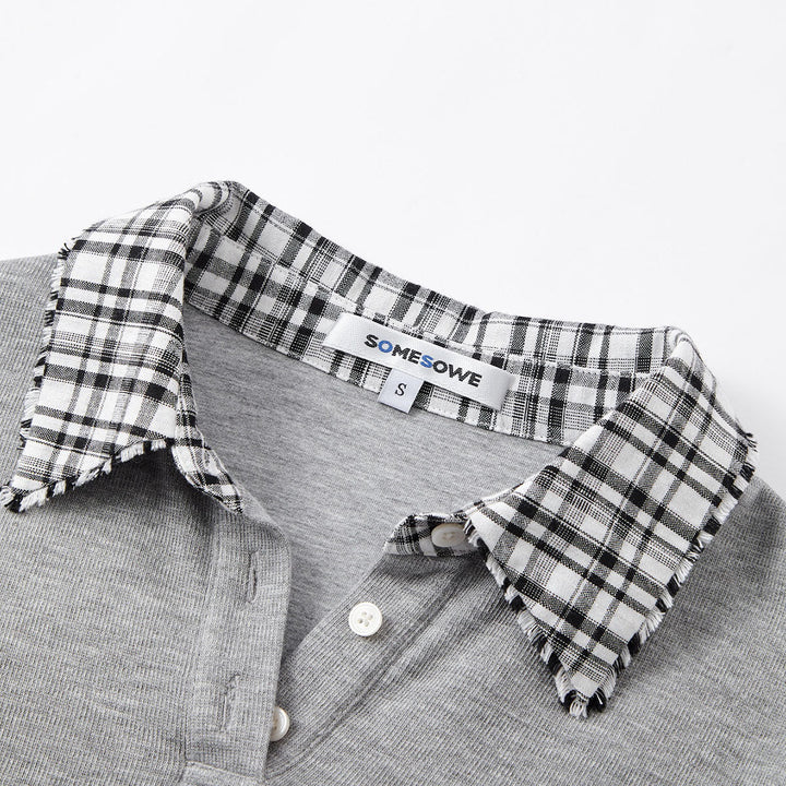 SomeSowe Plaid Patchwork Long Sleeve Polo Top Gray