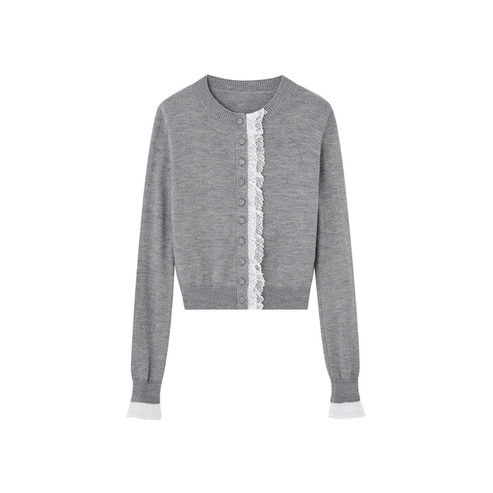 SomeSowe Lace Edge Round-Neck Knit Cardigan Gray