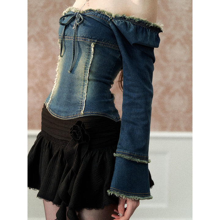 Via Pitti Bow-Knot Destroy Edge Denim Top