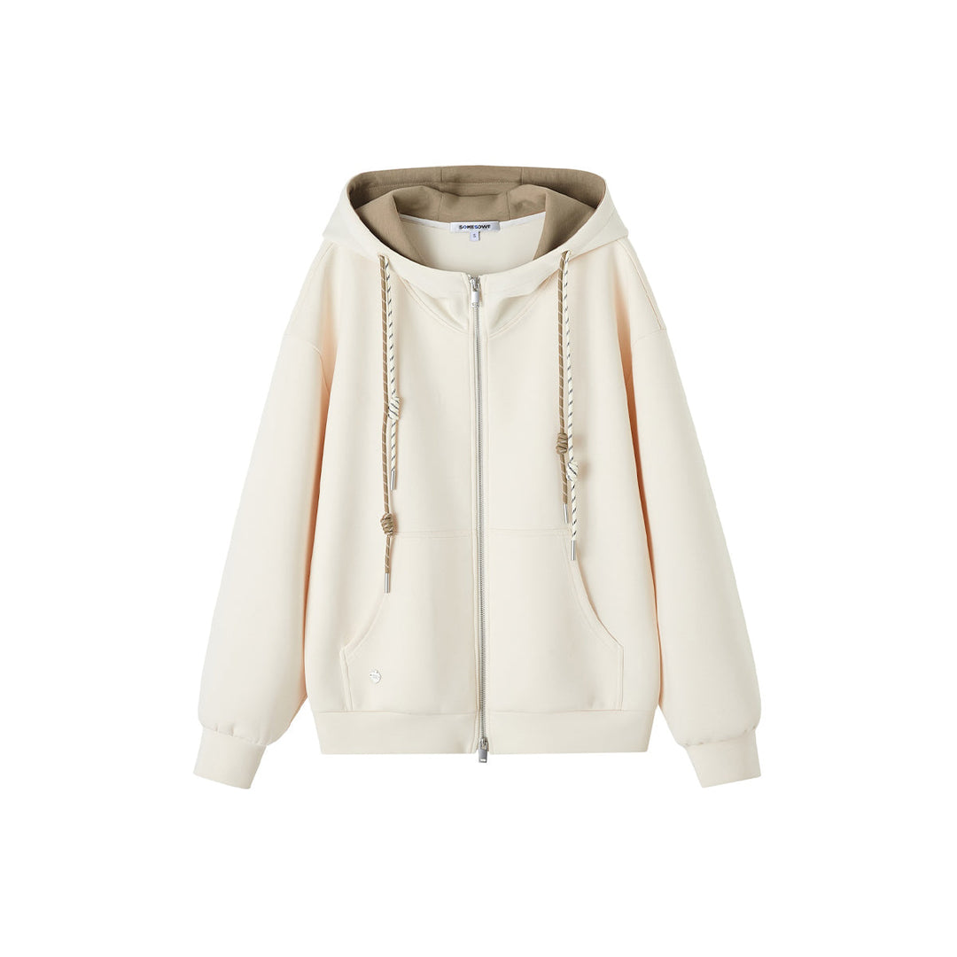 SomeSowe Contrast Color Drawstring Zip Up Hoodie Beige