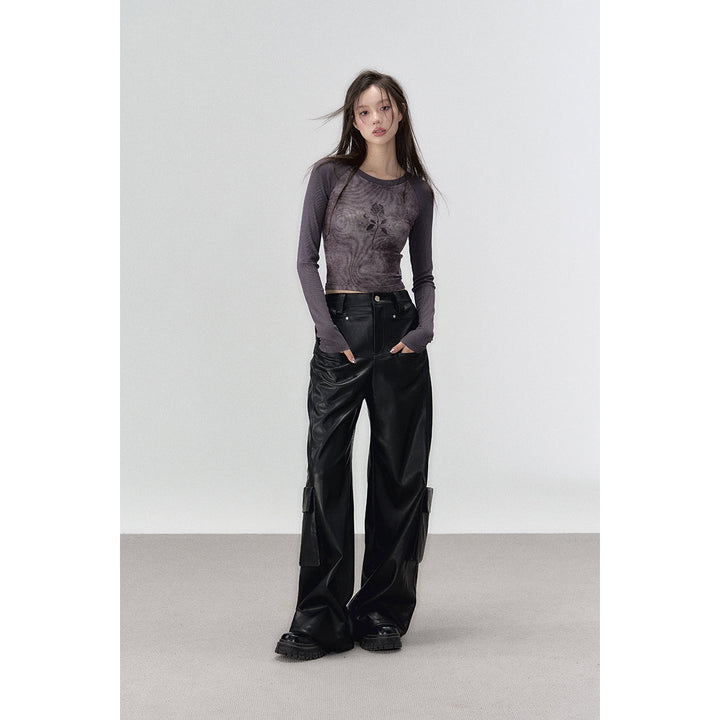 Via Pitti 3D Large Pocket Wide-Leg Leather Pants Black - Mores Studio