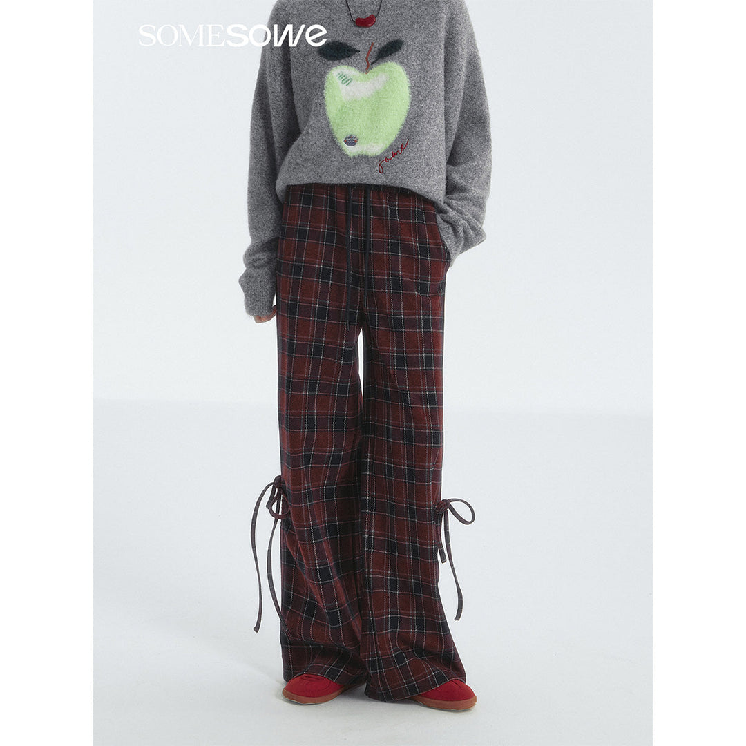 SomeSowe Bow Drawstring Plaid Wide-Leg Pants Red