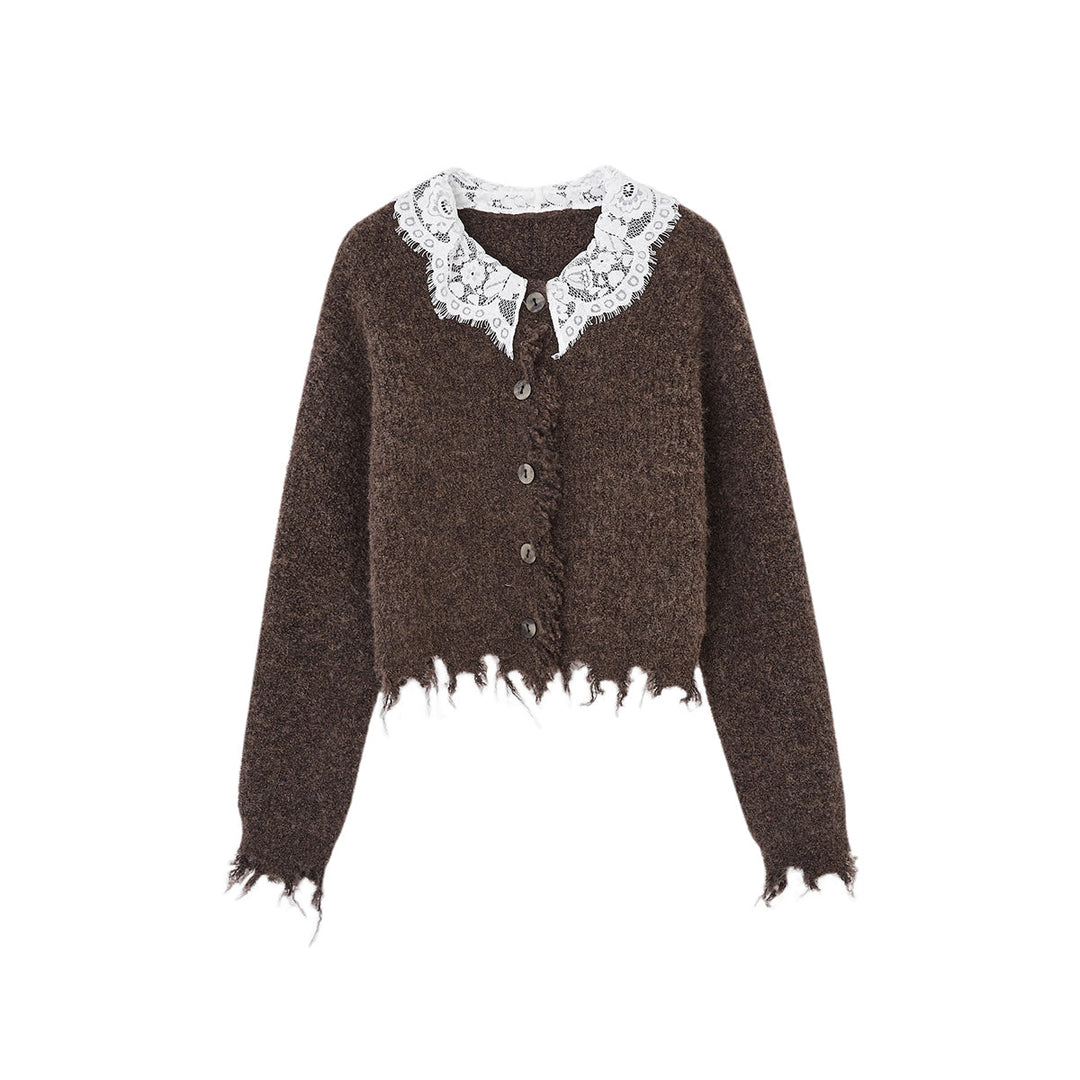 SomeSowe Lace Doll Collar Destroyed Cardigan Dark Brown