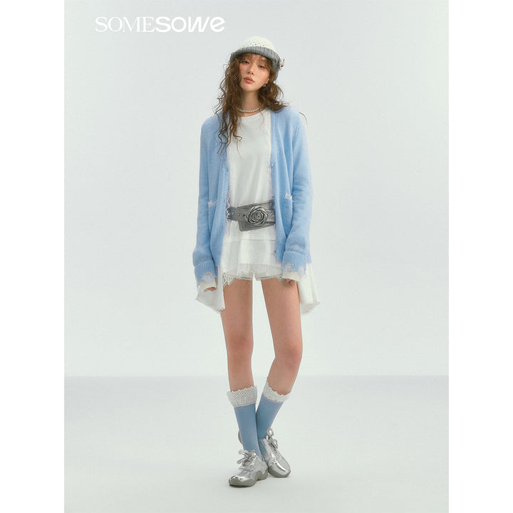 SomeSowe Color Blocked Lace Edge Knit Cardigan Blue