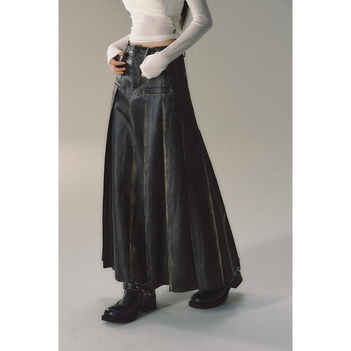 Via Pitti Brush-Off Leather Pleated Long Skirt - Mores Studio