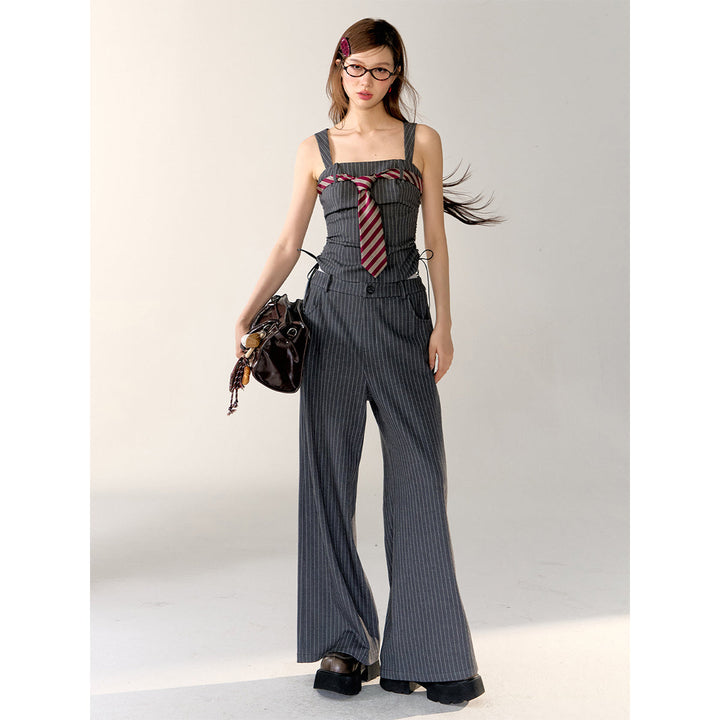 AsGony Double Waist Patchwork Striped Suit Pants