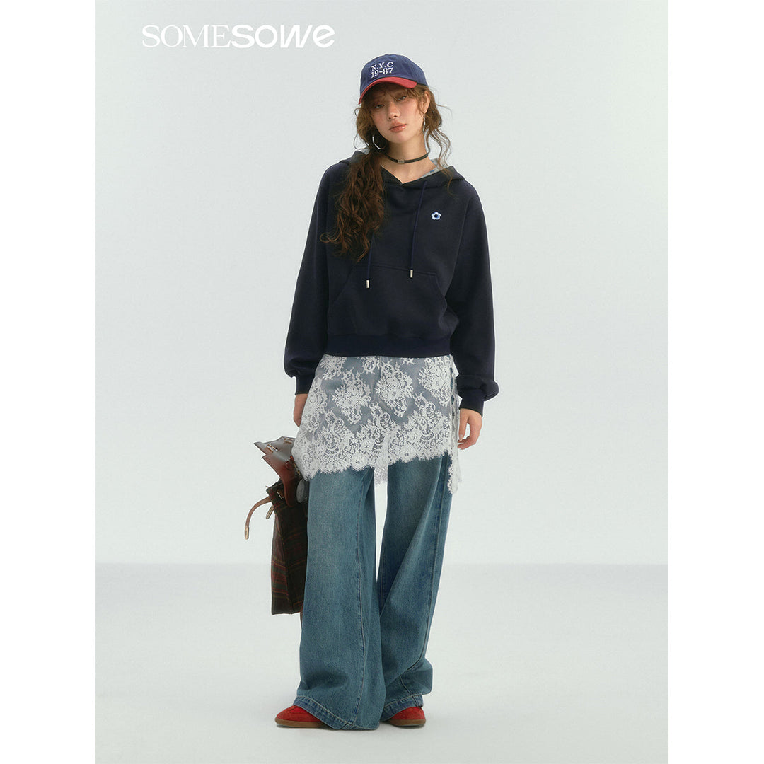 SomeSowe Contrast Color Floral Hoodie Navy Blue