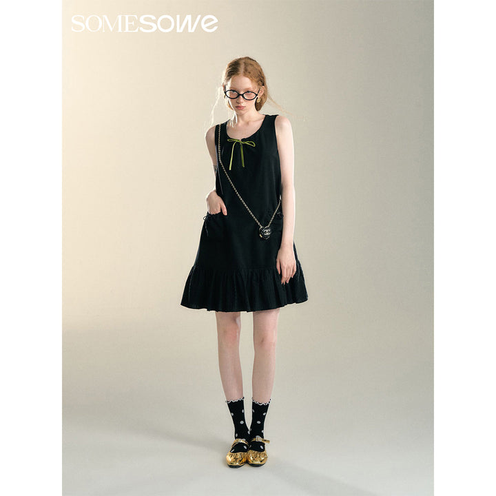 SomeSowe Bow Drawstring Cargo Vest Dress Black