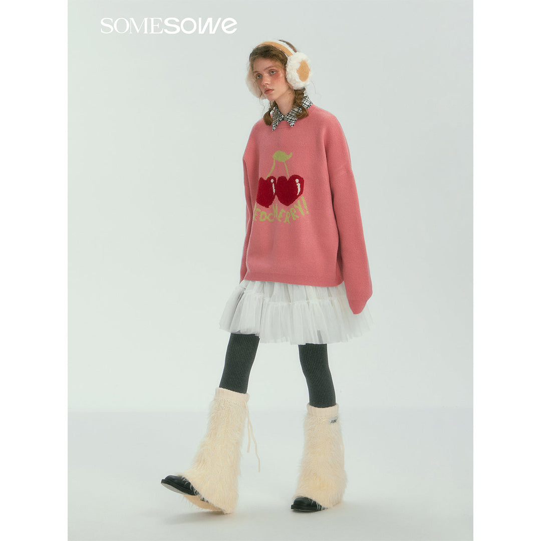 SomeSowe Cherry Jacquard Silhouette Knit Sweater Pink